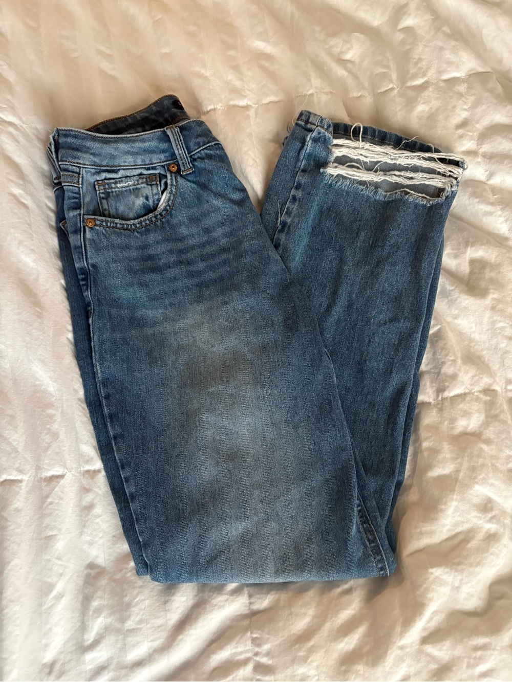 Sincerely Jules Blue Straight Leg Jeans with Frayed Hem